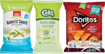 Coles Doritos Corn Chips 150g-170g, Calbee Harvest Snaps 5 Pack 90g or Cobs Popcorn 5 Pack 65g offer