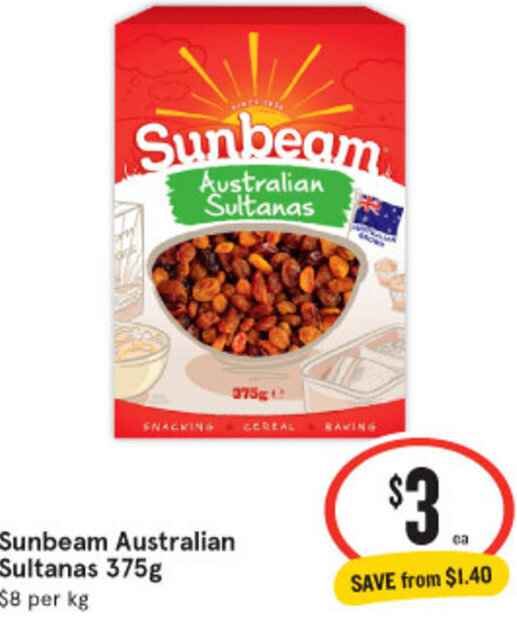 Sunbeam Australian Sultanas 375g offer at IGA Xpress