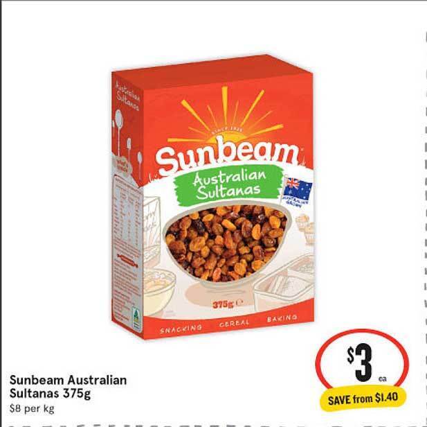 Sunbeam Australian Sultanas 375g offer at IGA