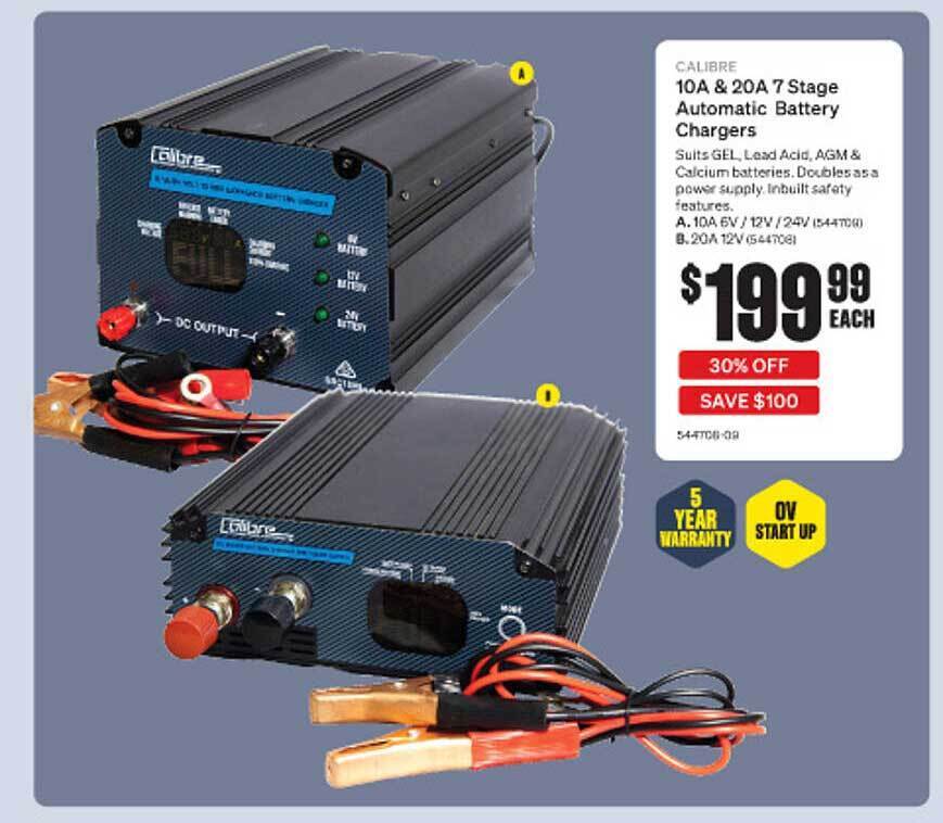 Calibre 10a & 20a 7 Sttage Automatic Battery Chargers offer at