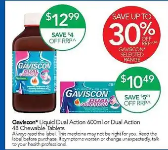 Terry White Gaviscon Liquid Dual Action 600ml Or Dual Action 48 Chewable Tablets offer