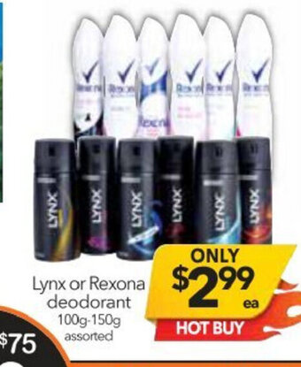 Cheap as Chips Lynx or Rexona Deodorant 100g-150g offer