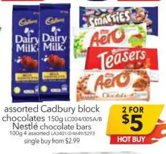 Cheap as Chips Assorted Cadbury Block Chocolates 150g/ Nestlé Chocolate Bars 100g offer