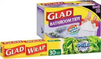 IGA Glad Wrap 33cm×30m, Bio-Based Wrap 30cm×10m, Foil 30cm×10m or Glad Bathroom Tidy Small Bags 15 Pack offer