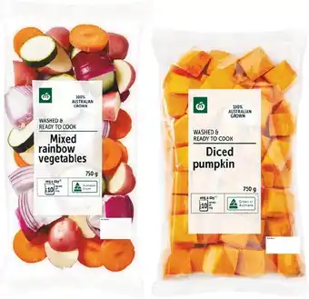 Woolworths Washed & Ready to Cook Australian Diced Pumpkin or Rainbow Vegetables 750g Pack