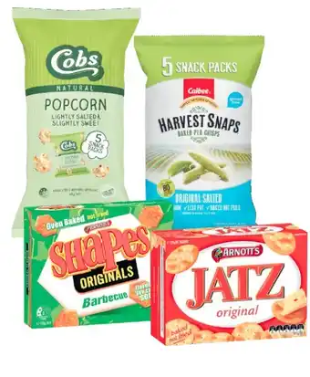 Coles Arnott’s Shapes or Jatz Crackers 160g-225g, Calbee Harvest Snaps 5 Pack 90g or Cobs Popcorn 5 Pack 65g offer