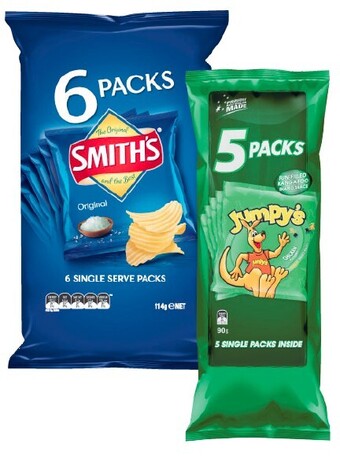 Coles Smith’s Chips 6 Pack 114g or Jumpy’s Snacks 5 Pack 90g offer
