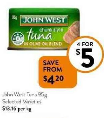 Foodworks John West Tuna 95g Selected Varieties offer