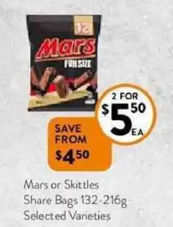 Foodworks Mars or Skittles Share Bags 132-216g offer