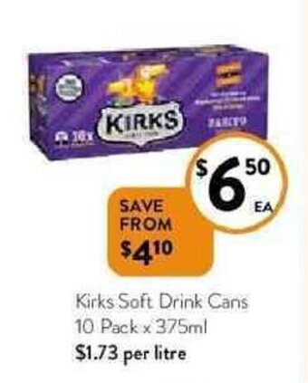 Foodworks Kirks Soft Drink Cans 10 Pack x 375ml offer
