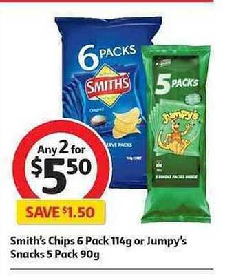Coles Smith's Chips 6 Pack 114g Or Jumpy's Snacks 5 Pack 90g offer