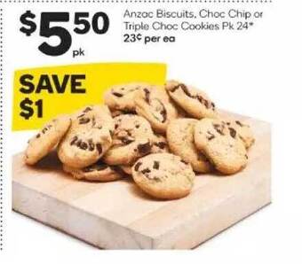 Woolworths Anzac Biscuits, Choc Chip Or Triple Choc Cookies Pk 24 offer