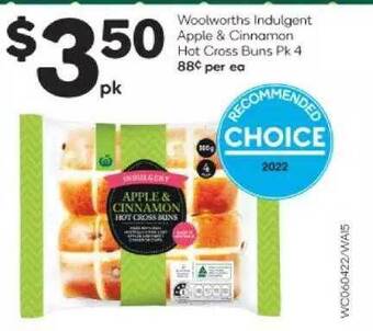 Woolworths Woolworths Indulgent Apple & Cinnamon Hot Cross Buns Pk-4 offer