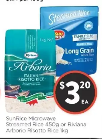 Foodworks SunRice Microwave Streamed Rice 450g or Riviana Arborio Risotto Rice 1kg offer