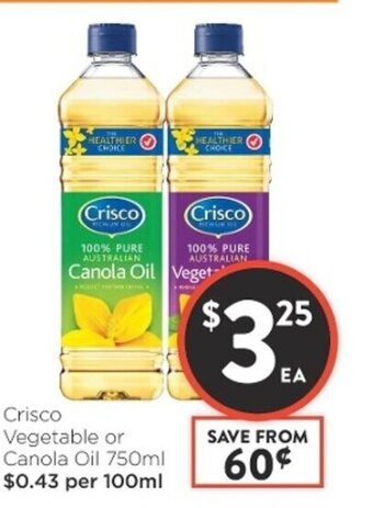 Foodworks Crisco Vegetable or Canola Oil 750ml offer