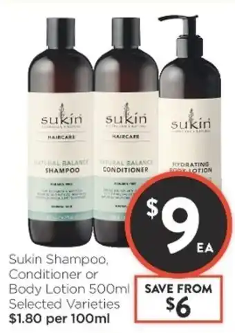 Foodworks Sukin Shampoo, Conditioner or Body Lotion 500ml offer