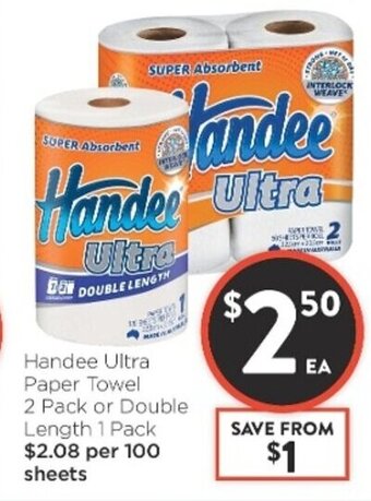 Foodworks Handee Ultra paper Towel 2 Pack or Double Length 1 Pack offer