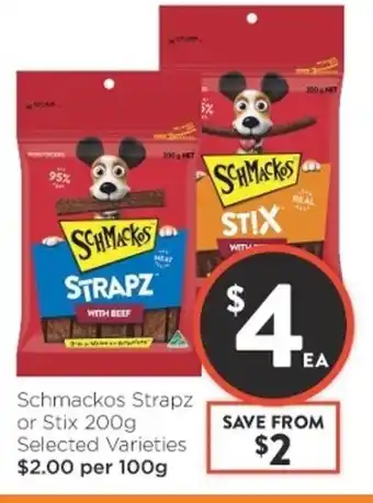 Foodworks Schmackos Strapz or Stix 200g offer