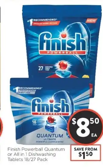 Foodworks Finish Powerball Quantum or All in 1 Dishwashing Tablets 18/27 Pack offer