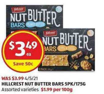 ALDI Hillcrest Nut Butter Bars 5pk/175g offer