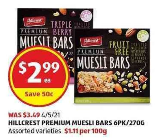 Hillcrest Premium Muesli Bars 6pk/270g offer at ALDI