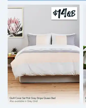 The Reject Shop Quilt Cover Set Pink Grey Stripe Queen Bed offer