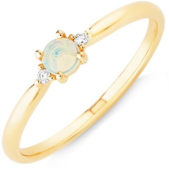 3 Stone Ring with Opal & Diamonds in 10kt Yellow Gold