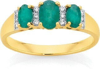 Angus & Coote 9ct Gold Emerald & Diamond Trilogy Ring offer