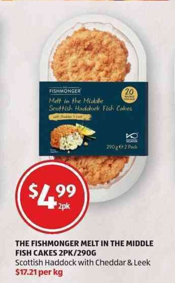 The Fishmonger Melt in the Middle Fish Cakes 2pk/290g offer at ALDI