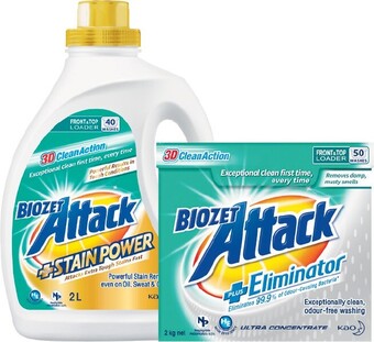 Woolworths Biozet Attack Plus Laundry Liquid 2 Litre or Powder 2 kg offer