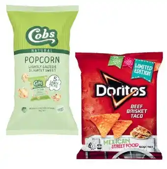 Coles Doritos Corn Chips 150g-170g, The Natural Chip Co. Potato Chips 175g, Cobs Popcorn 5 Pack 65g or Calbee Harvest Snaps 5 Pack offer