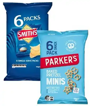 Coles Smith’s Chips 6 Pack 114g or Parker’s Baked Pretzels 6 Pack 150g offer
