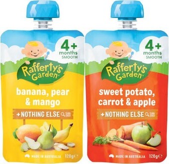 Coles Rafferty’s Garden 4 Month, 6 Month or 8 Month Baby Food Pouch 120g offer