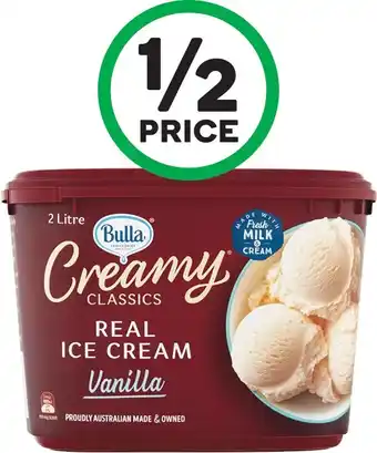Woolworths Bulla Creamy Classics Ice Cream 2 Litre or Bulla Creamy Classics Cookie Sandwiches 560ml Pk 4 u2013 From the Freezer offer