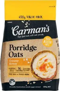 Coles Carmanu2019s Creamy Honey Porridge Oats 650g offer