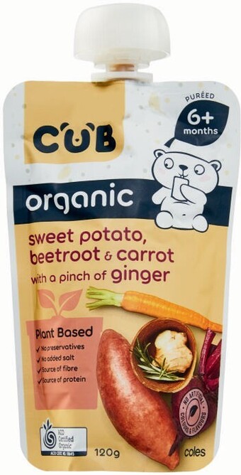 Coles CUB Organic Plant Based Sweet Potato, Beetroot & Carrot with a pinch of ginger 6m+ 120g offer