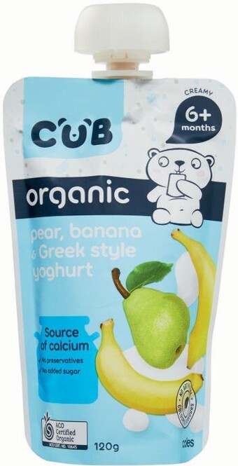 Coles CUB Organic Pear, Banana & Greek Style Yoghurt 6m+ 120g offer