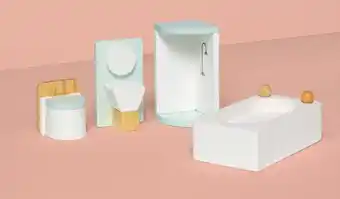 Coles Wonderbox Set of Doll House Bathroom 1x Bath, 1x Shower, 1x Toilet, 1x Wash Basin offer