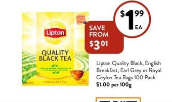 Foodworks Lipton Quality Black, English Breakfast, Earl Grey or Royal Ceylon Tea Bags 100 Pack offer