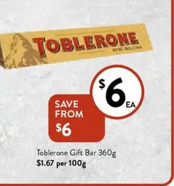 Foodworks Toblerone Goft Bar 360g offer
