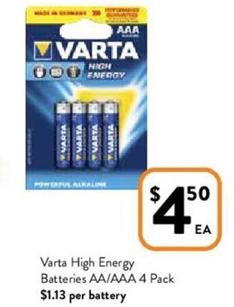 Foodworks Varta High Energy Batteries AA/AAA 4 Pack offer
