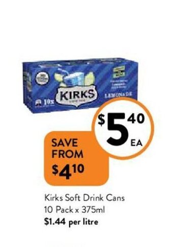 Foodworks Kirks Soft Drink Cans 10 Pack x 375ml offer