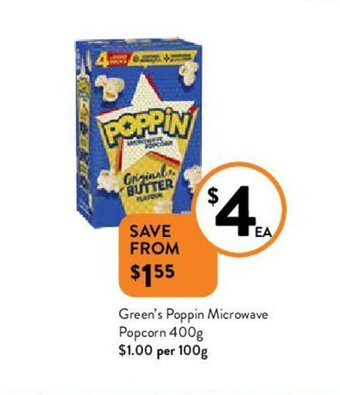Foodworks Green's Poppin Microwave Popcorn 400g offer