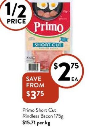 Foodworks Primo Short Cut Rindless Bacon 175g offer