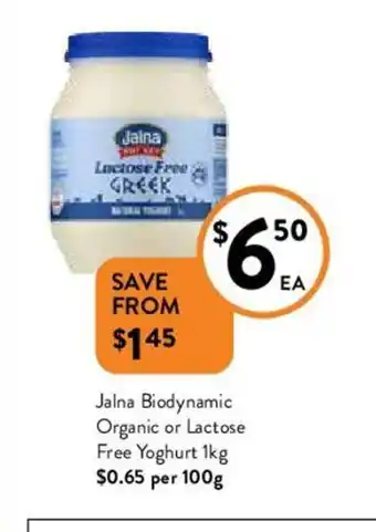 Foodworks Jalna Biody namic Organic or Lactose Free Yoghurt 1kg offer