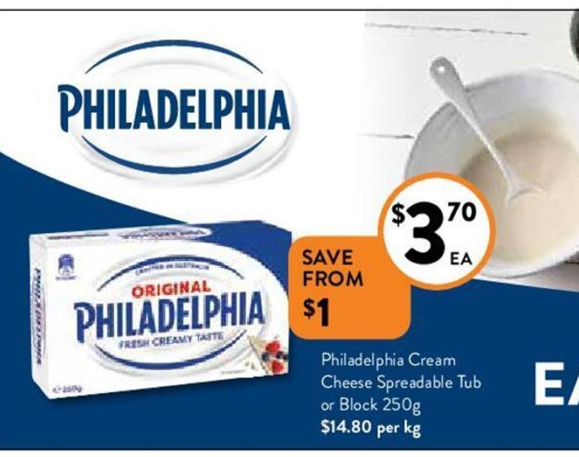 Philadelphia Cream Cheese Spreadble Tub or Block 250g offer at Foodworks