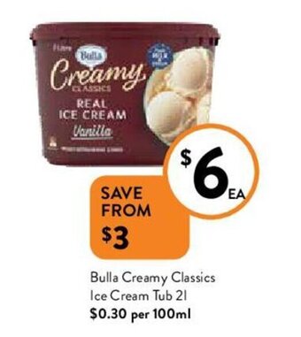 Foodworks Bulla Creamy Classics Ice Cream Tub 2L offer
