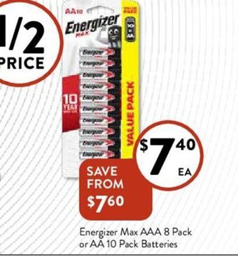 Foodworks Energizer Max AAA 8 Pack or AA 10 Pack Batteries offer