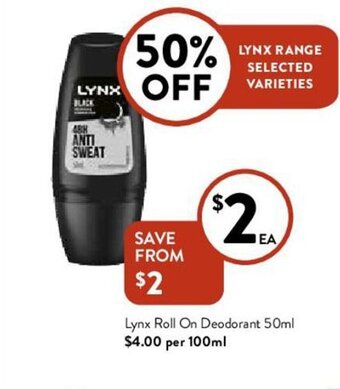 Foodworks Lynx Roll On Deodorant 50ml offer
