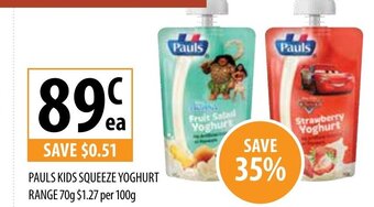 Supabarn Pauls Kids Squeeze Yoghurt Range 70g offer